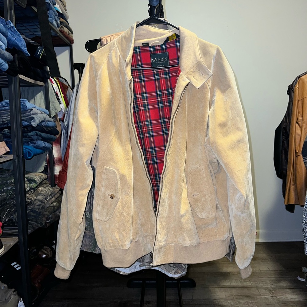 Men's Beige Suede Jacket with Plaid Lining Size Large